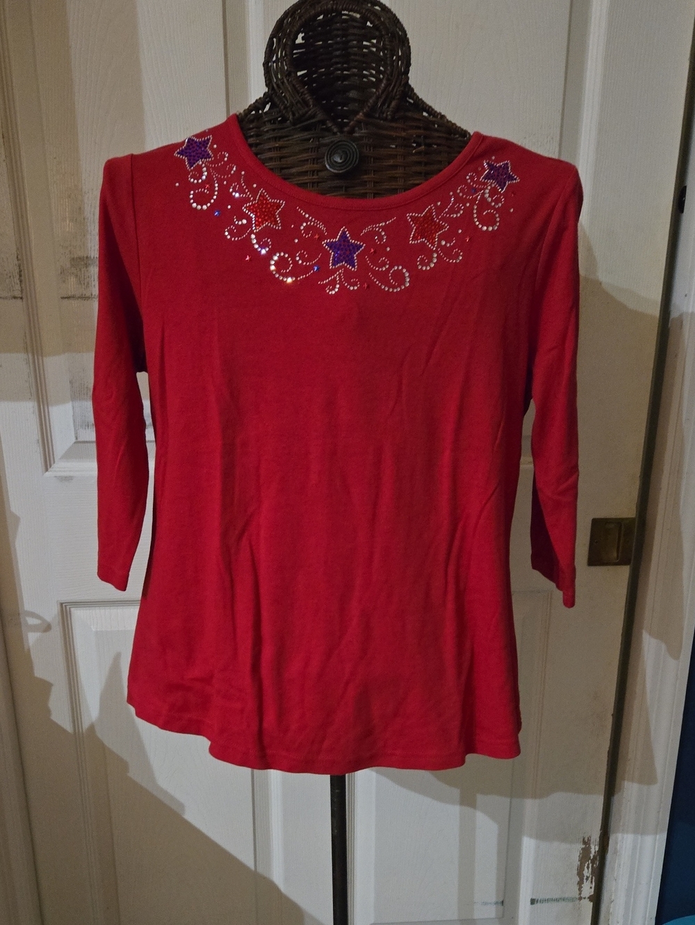 indigo soul Red Scoop Neck Long Sleeve Top with Star Embellishments